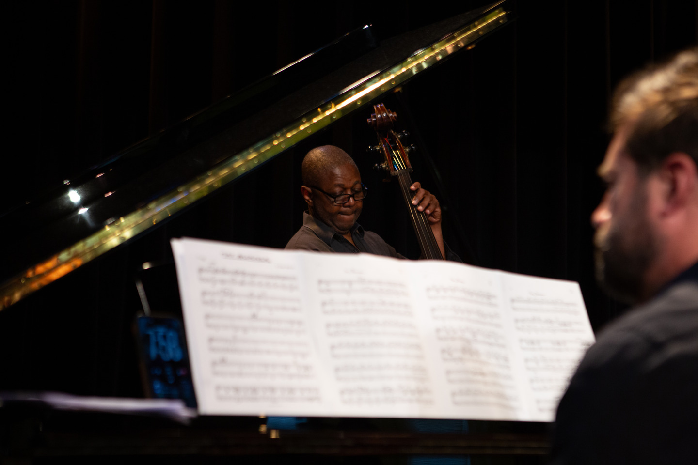 The upright bassist playing beneath the raised lid of the grand piano.